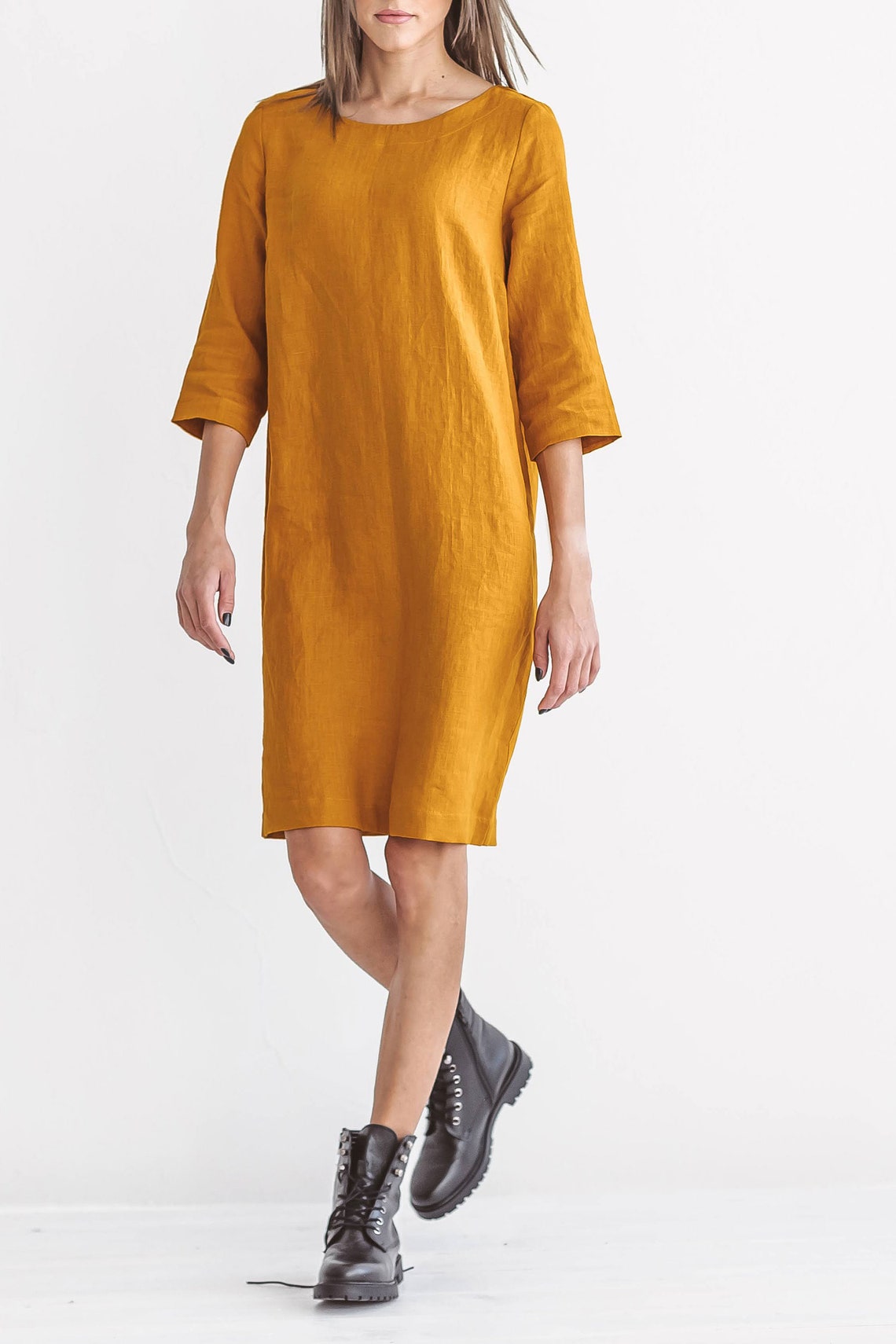 NANCY Linen Dress 3/4 Sleeves Mustard Yellow Summer Dress Etsy