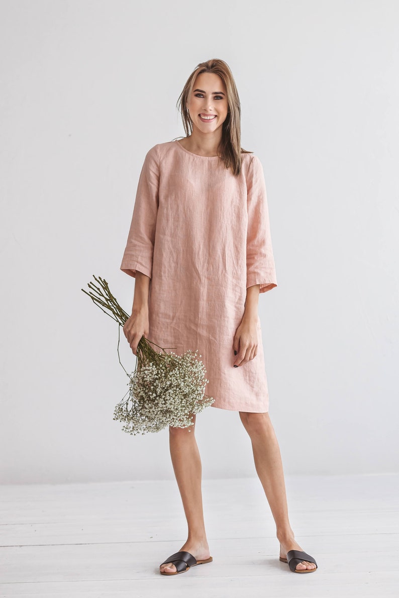 MELINDA Linen Dress 3/4 Sleeves Pastel Pink Summer Dress - Etsy