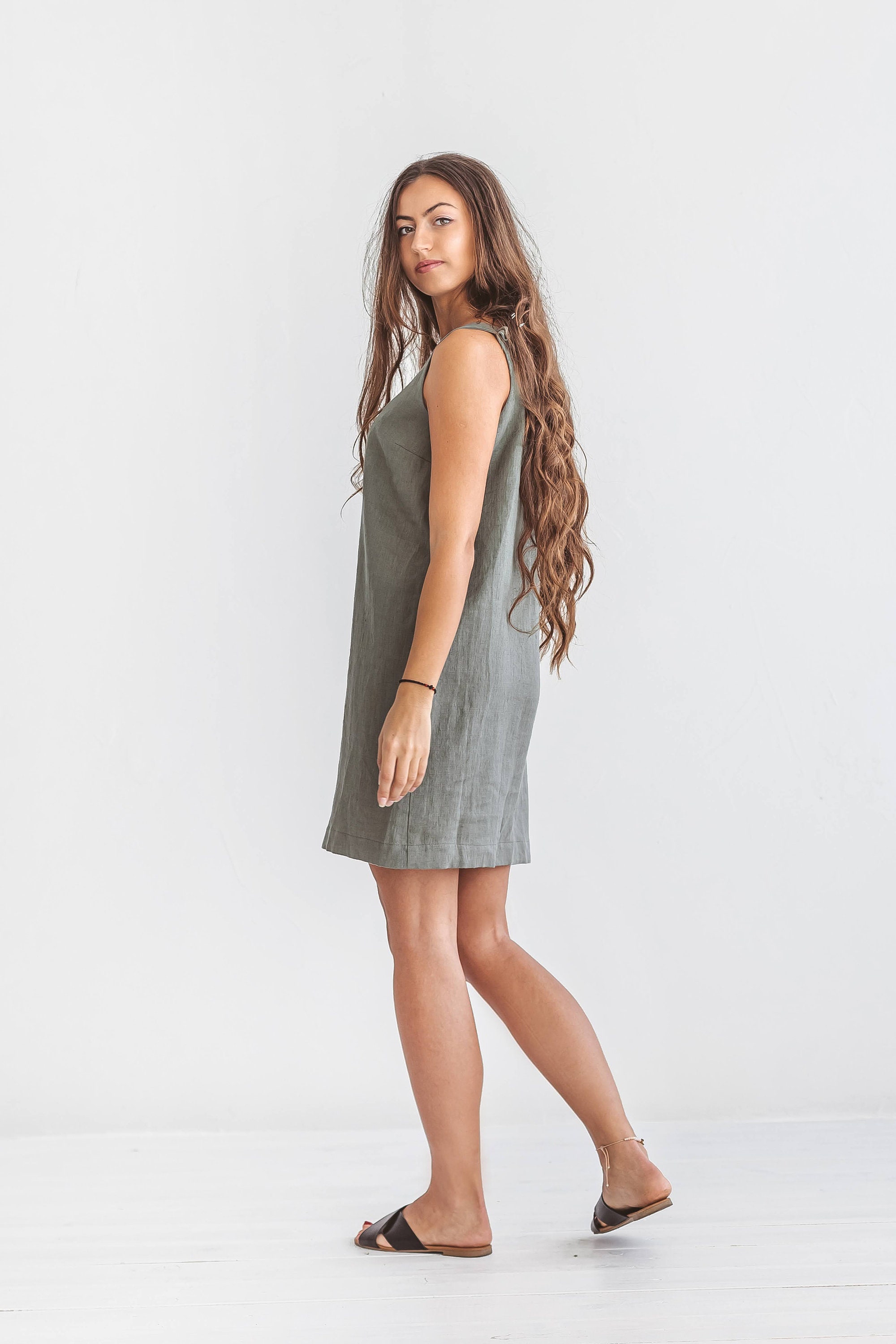 Ella Linen Sleeveless Dress, V Neckline Summer Dress for Women, Mini Tunic Dress