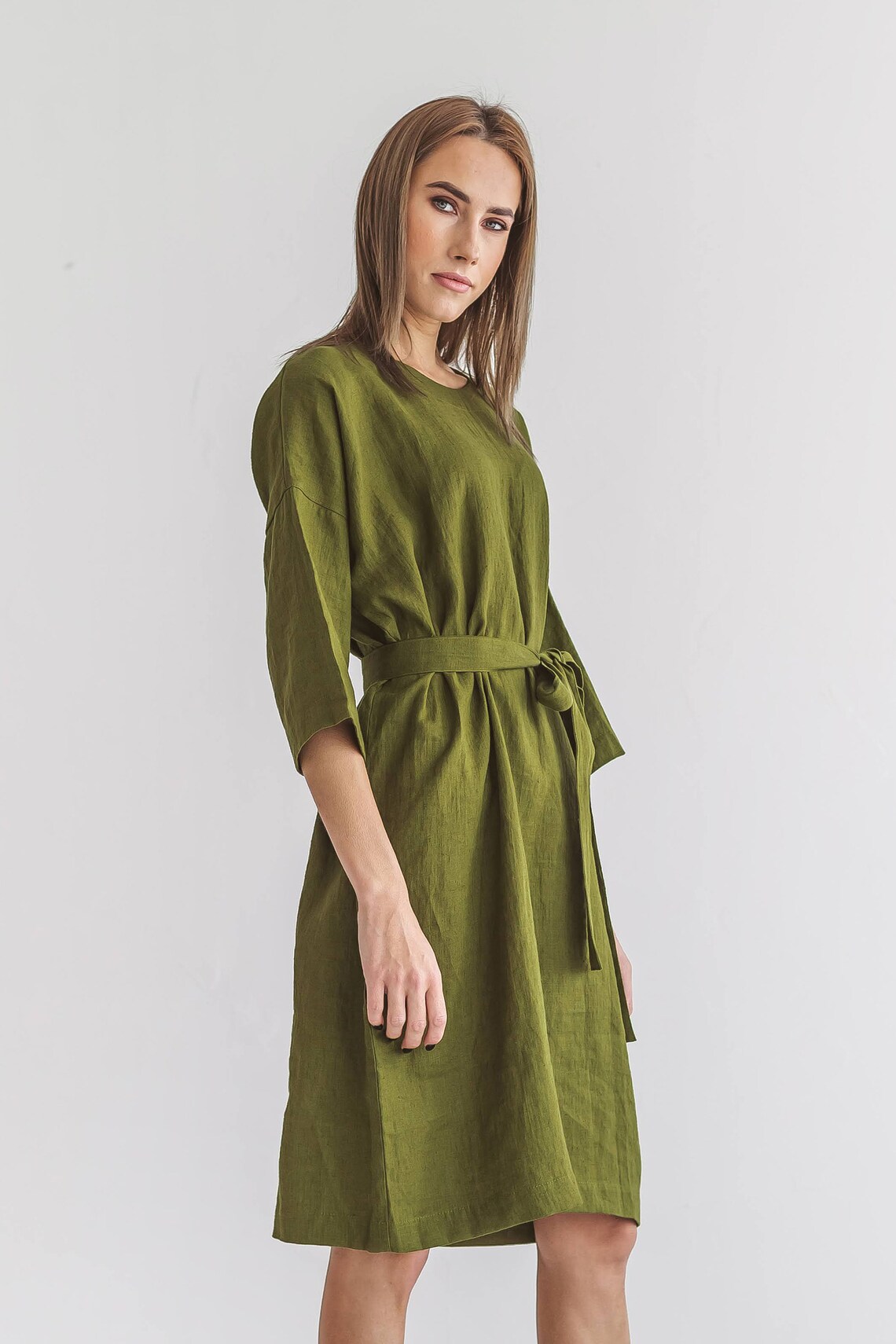 Linen dress 3/4 sleeves summer dress with belt | Etsy
