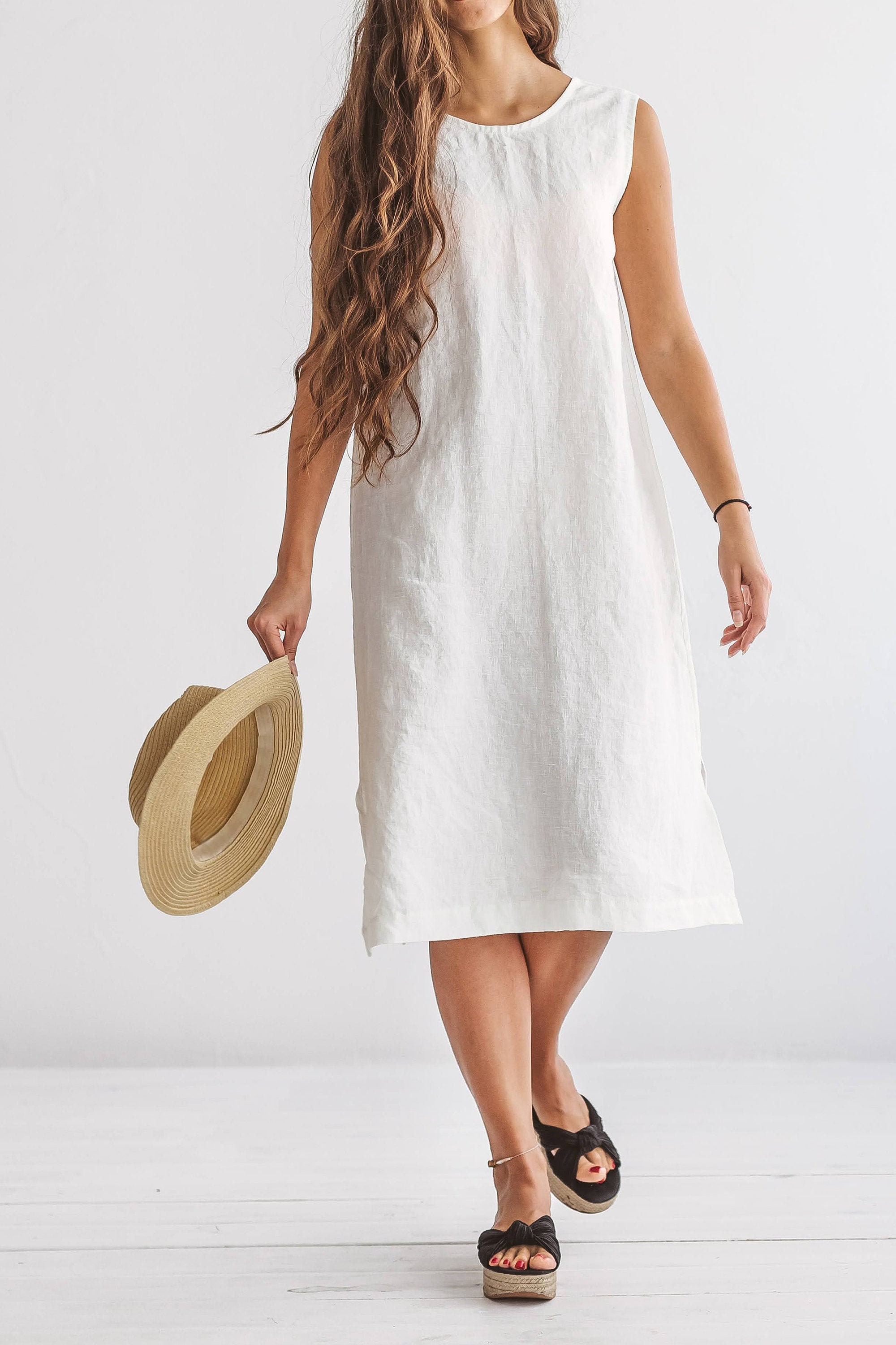 AVERY linen dress midi length summer dress with open back | Etsy