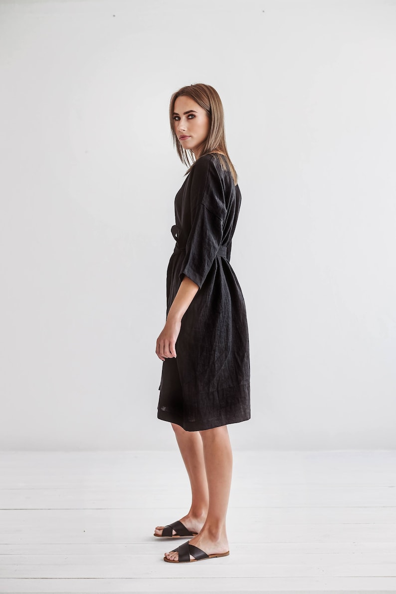 Linen dress with kimono sleeves shown side view