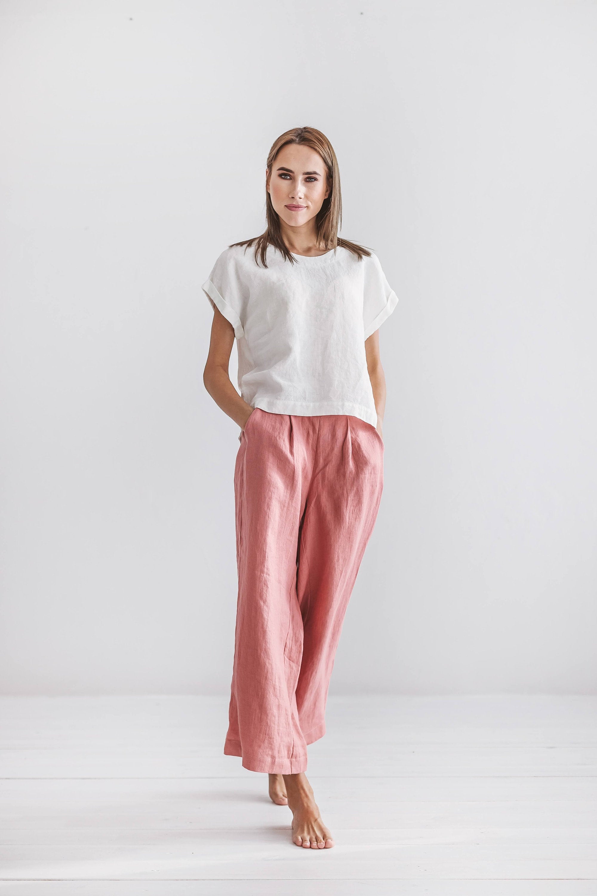 SUSAN Blush Salmon Linen Pants: Wide Leg Trousers, Elastic Waist