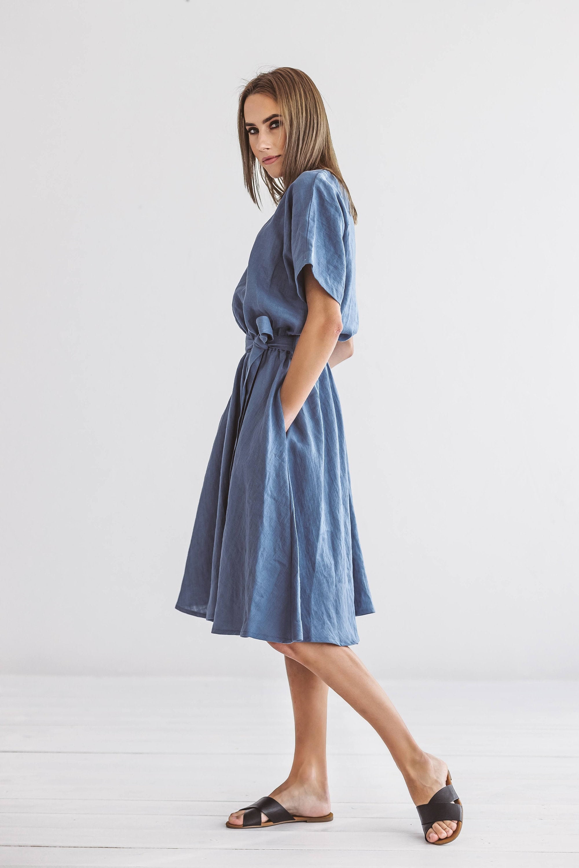 KATE Linen Dress With Sleeves, Summer Dress in Midi Length, Rubber