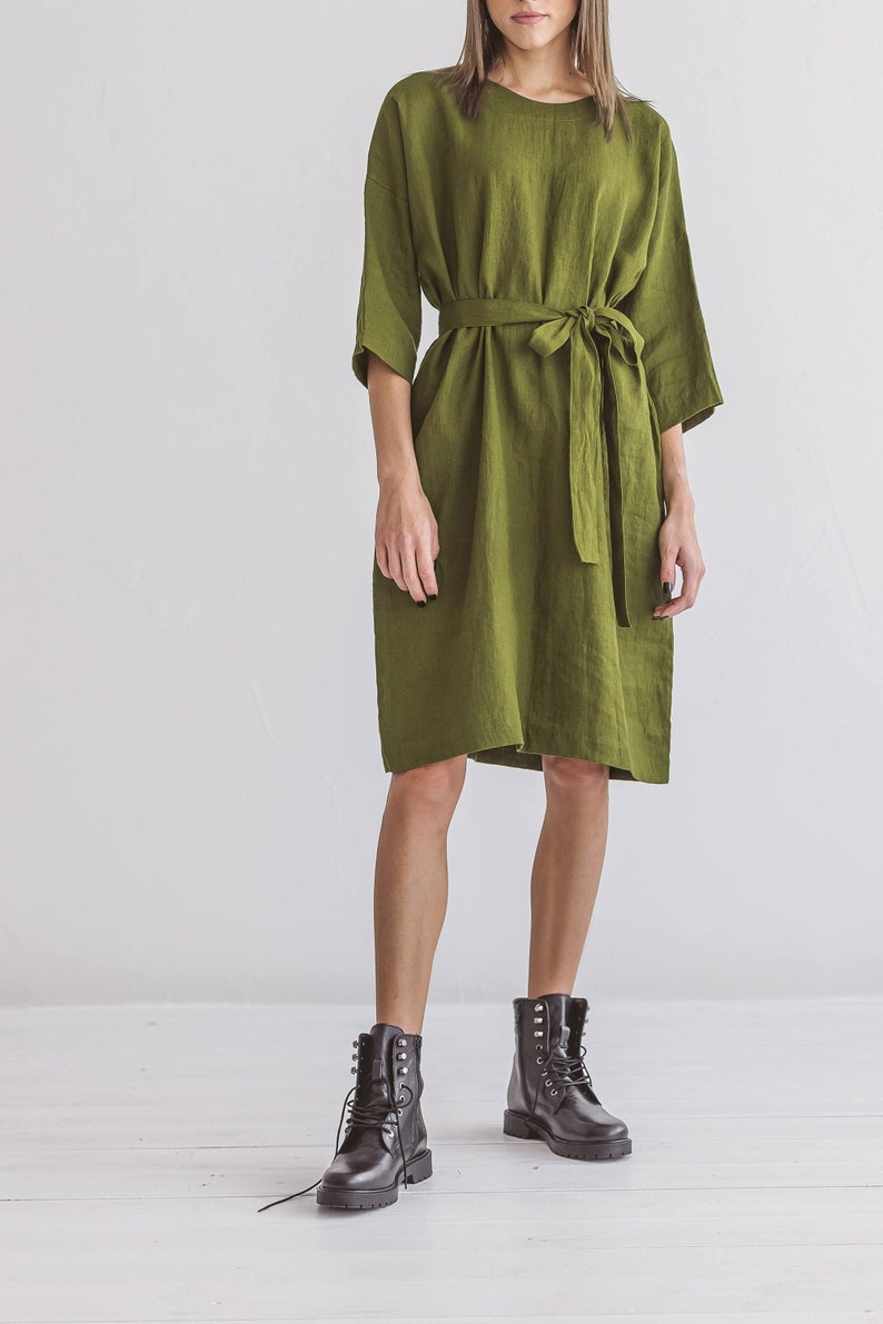Womens linen dress with kimono sleeves and relaxed straight silhouette