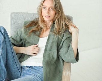 Chaqueta kimono de lino APRIL, blazer extragrande de lino color caqui