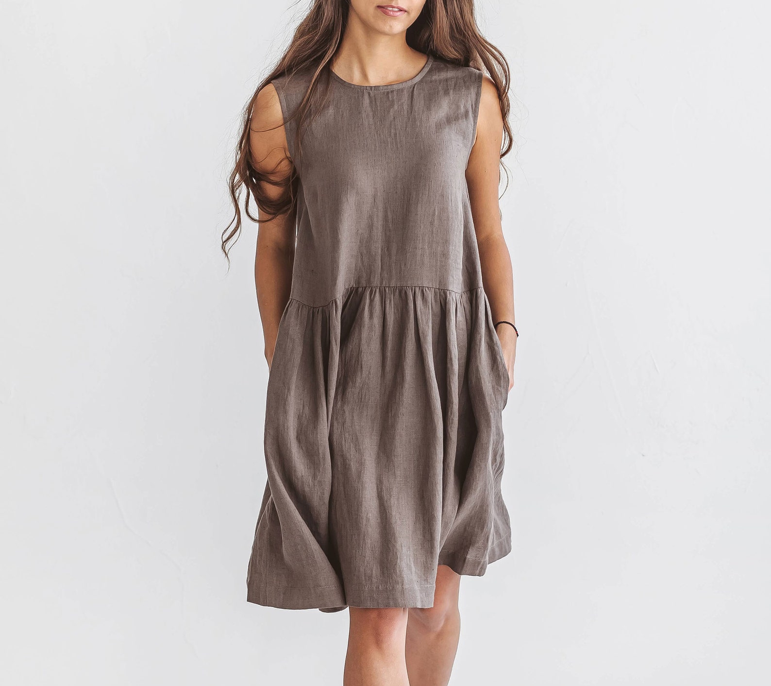 Kelly Linen Summer Dress in Midi Length Cacao Sleeveless | Etsy