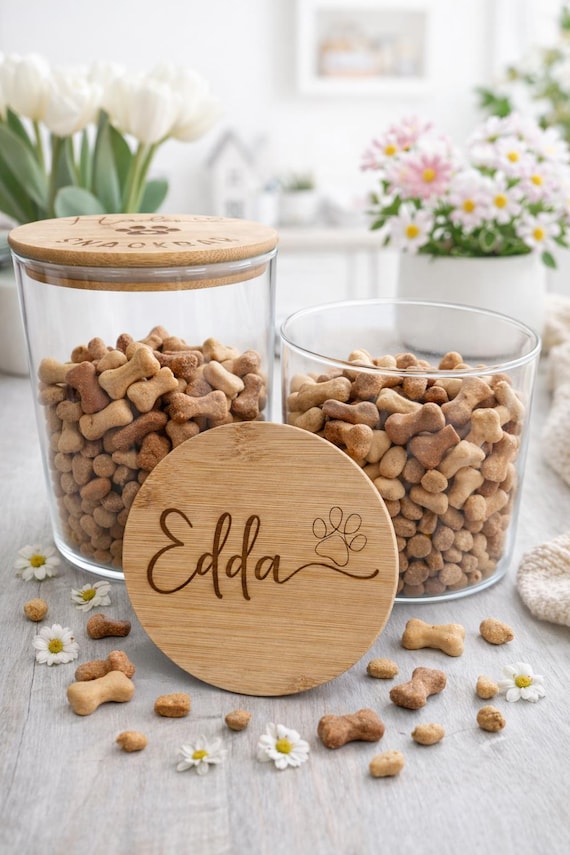 Vorratsglas mit Holzdeckel, 2 Größen 1 Liter und 1,6 Liter, Snackdose, Glasdose personalisiert