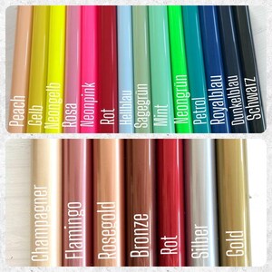May include: A color chart with 14 different colors, including peach, yellow, neon yellow, pink, neon pink, red, light blue, sage green, mint, neon green, petrol, royal blue, dark blue, and black.