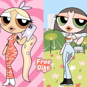 Quality Custom Personalized Powerpuff Girls Grown-up Digital Cartoon Portrait Illustration Drawing