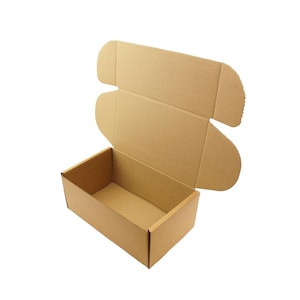 May include: An open brown cardboard box with a flap that folds over the top. The box is designed for shipping and has a rectangular shape.