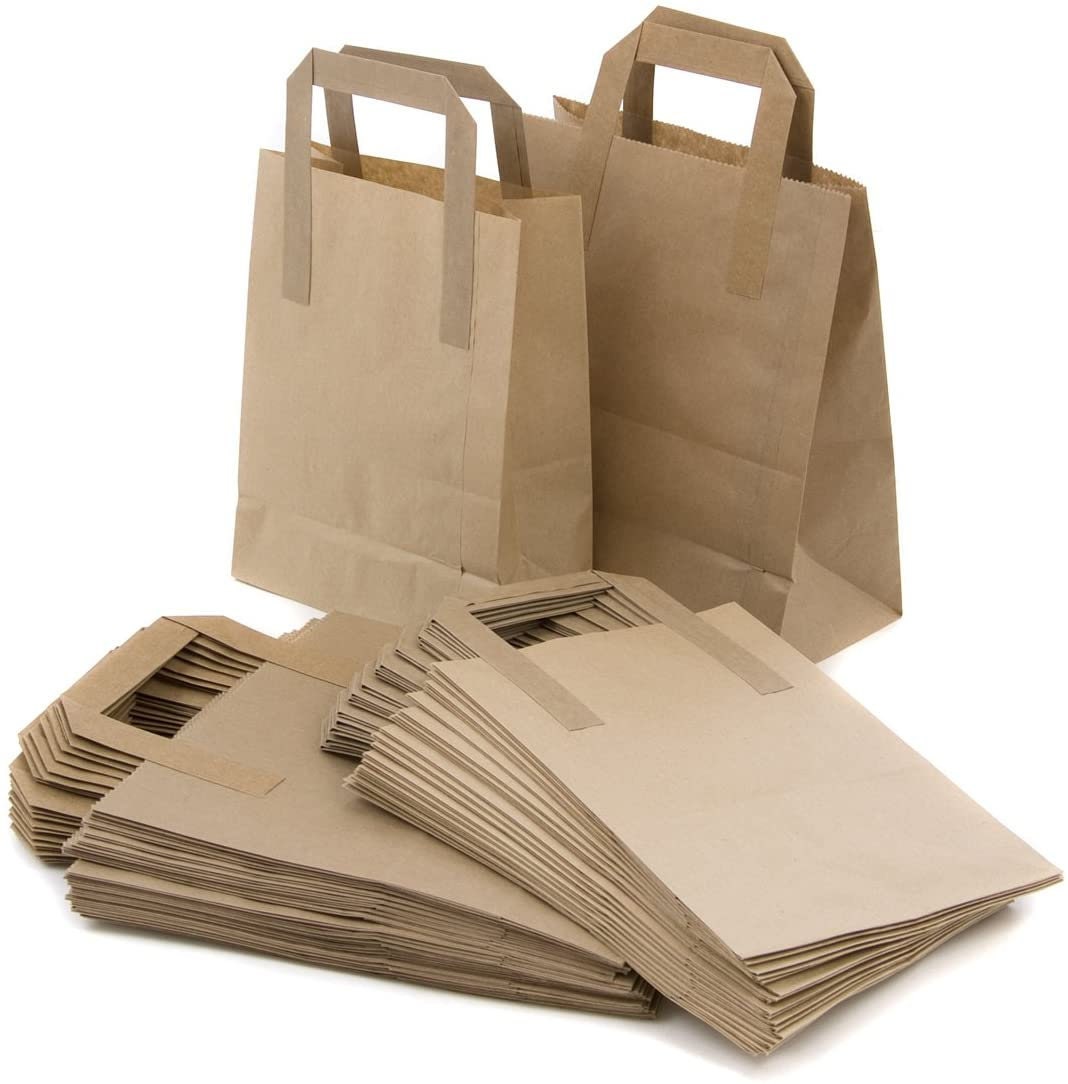 Small BROWN PAPER CARRIER BAGS with HANDLES Party/Gift/Takeaway 7x3.5x8.5" 