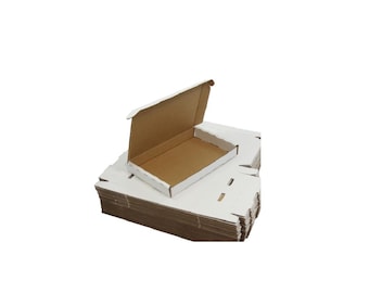 May include: A stack of white cardboard boxes with one box open and folded back. The box is made of sturdy cardboard and has a white interior.