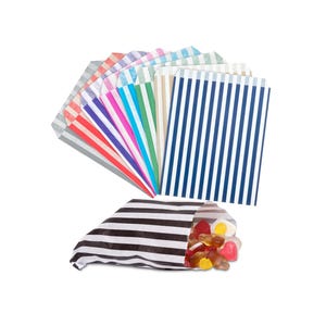 May include: A selection of striped paper bags in various colours, including red, blue, green, pink, and white. The bags are folded and arranged in a fan shape. One bag is filled with colourful sweets.