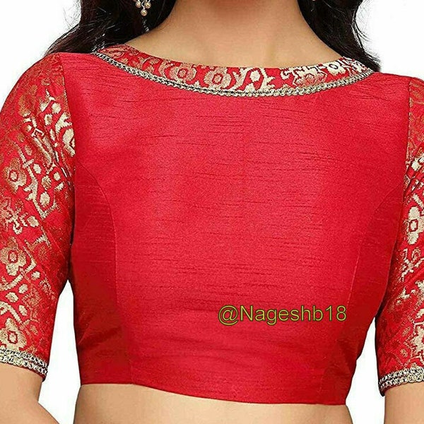 Red Dupion Silk & Banarasi Silk  Elbow Sleeves Saree Blouse , Saree Blouse, Ethnic Blouse, Readymade Stitched Blouse, Indian Choli, Crop Top