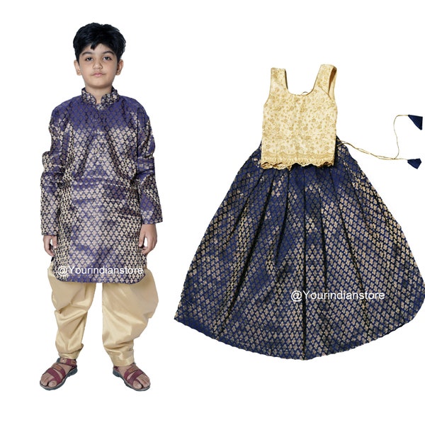 Boys and Girls Combo Dress, Brother and Sister Matching Outfits, Traditional Girls Lehenga Choli and Boys Kurta Pajama, Indian Festive Wear