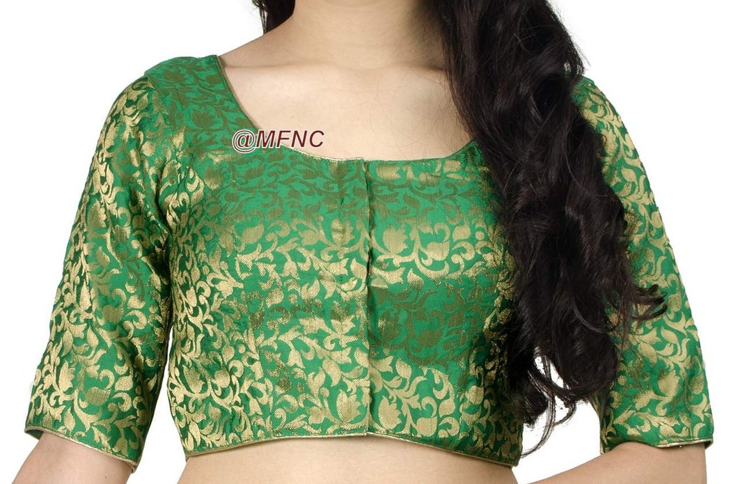 Green Saree Blouse, Readymade Elbow Sleeve Blouses, Ready to Wear