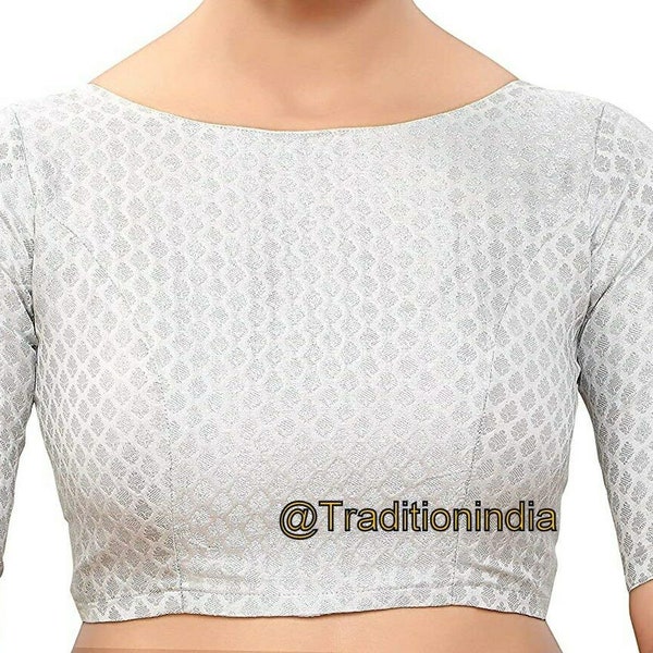 Readymade Silver Brocade Silk Elbow Sleeves Blouse, Ethnic Sari Blouse,Ready To Wear Stitched Blouse, Indian Saree Choli, Choli, Crop Top