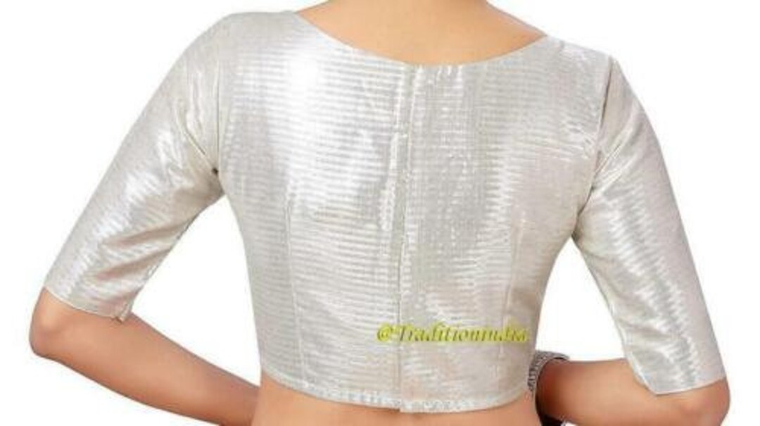 Silver Saree Blouse
 Readymade Silver Saree Blouse Ethnic Sari Blouse Elbow Sleeves Blouse