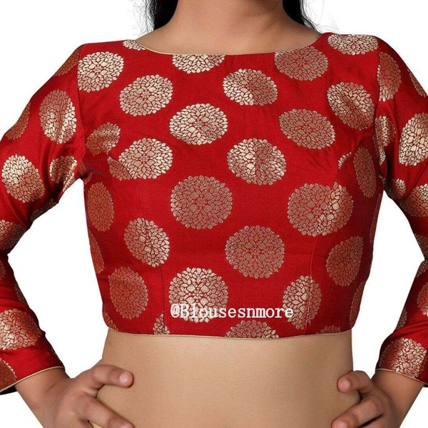 Red Long Sleeve Saree Blouse, Ethnic Sari Blouse, Readymade Stitched Blouse, Indian Saree Choli,Indian Choli, Crop Top