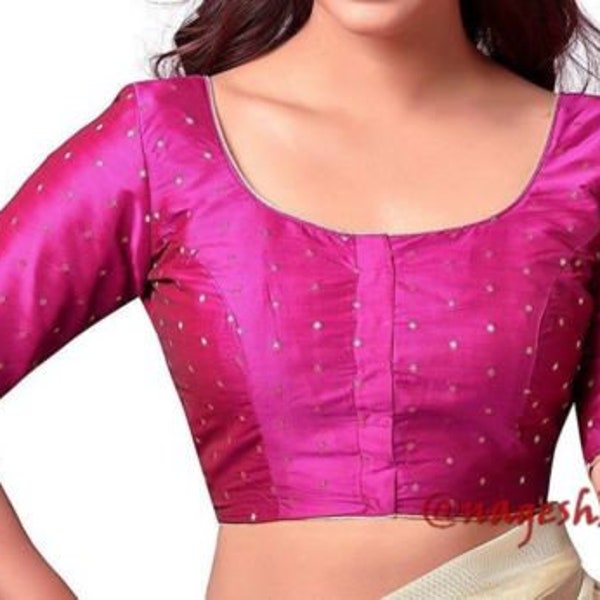 Hot Pink Dupion Silk Elbow Sleeves Saree Blouse, Ethnic Sari Blouse, Readymade Stitched Blouse, Indian Saree Choli,Indian Choli, Crop Top