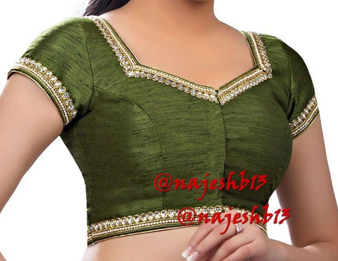 Readymade Olive Green Saree Blouse, Dupion Silk Short Sleeve Blouse ...