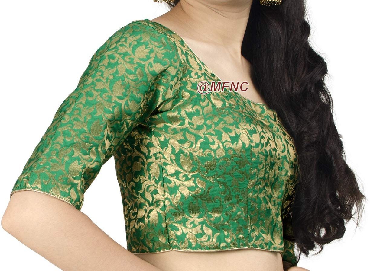 Green Saree Blouse, Readymade Elbow Sleeve Blouses, Ready to Wear