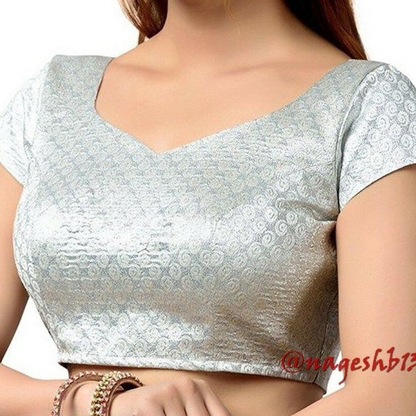 Readymade  Silver Saree Blouse, Ethnic Sari Blouse, Short Sleeves Blouse, Readymade Stitched Blouse, Crop Top, Indian Saree Choli,