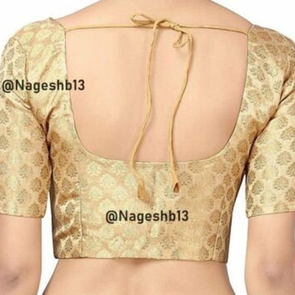 Golden Chanderi  Silk Elbow Sleeves Saree Blouse, Ethnic Sari Blouse, Readymade Stitched Blouse, Indian Saree Choli,Indian Choli, Crop Top