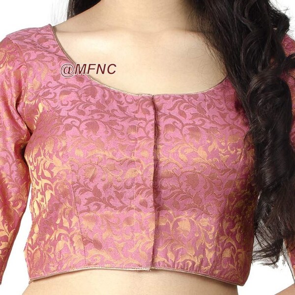 Light Pink Banarasi Brocade Silk Blouse, Readymade Elbow Sleeve Blouses, Ready to Wear Blouse, Stitched Blouse, Crop Top, Indian Blouse