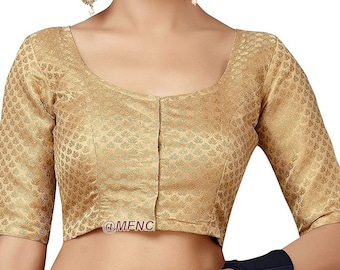 Readymade saree Blouse, Golden Chanderi Silk Elbow Sleeve Blouse, Ready to Wear Blouse, Stitched Blouse, Crop Top, Indian Sari Blouse, Choli