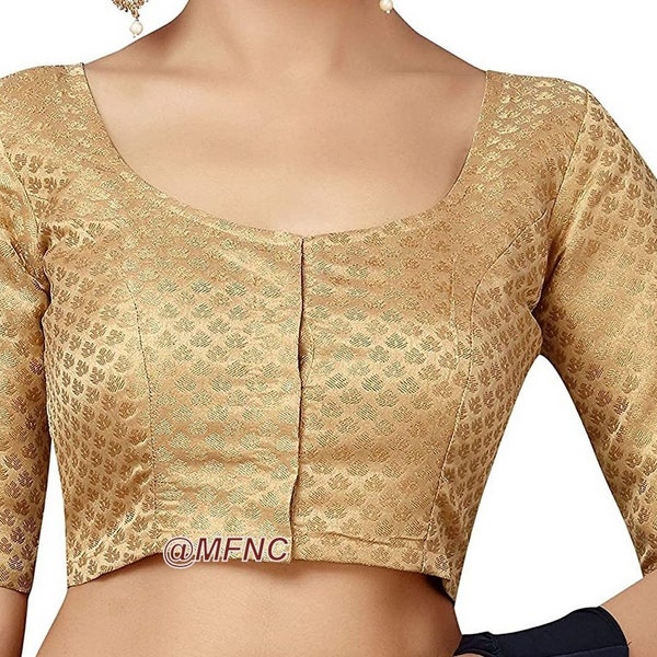 Readymade saree Blouse, Golden Chanderi Silk Elbow Sleeve Blouse, Ready to Wear Blouse, Stitched Blouse, Crop Top, Indian Sari Blouse, Choli