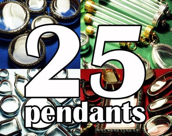 Wholesale Xmas Christmas Pendant Cases, Random Selection of 25, Wholesale Jewelry Supplies, Terrarium Pendants, Silver Frame, Free Shipping!
