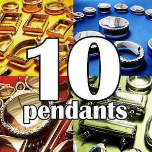 Könnte beinhalten: Zehn silberne und goldene Anhänger mit Glaseinsätzen. Die Anhänger sind in einer Collage aus verschiedenen Hintergründen angeordnet.