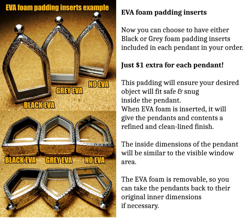 K&ouml;nnte beinhalten: Drei silberne Anh&auml;nger-Rahmen mit Glasfenstern, die Beispiele f&uuml;r schwarze, graue und keine EVA-Schaumstoff-Einlagen zeigen. Der Text "EVA foam padding inserts" steht oben im Bild. Der Text "Just $1 extra for each pendant!" steht in der Mitte des Bildes.