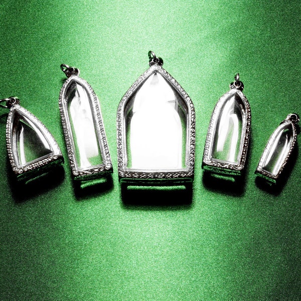 Shadow Box Pendants, Terrarium Locket, Gothic Arch, Reliquary, Art, Craft, Jewelry, Silver Jewelry Display, House, Memento, Mixed lot of 5