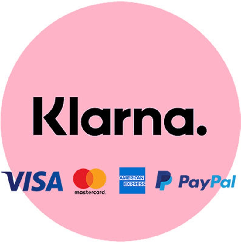 K&ouml;nnte beinhalten: Ein rosa Kreis mit dem Text "Klarna." in Schwarz. Unter dem Text befinden sich Logos f&uuml;r Visa, Mastercard, American Express, PayPal.