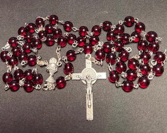 St. Benedict Most Blessed Sacrament/Most Precious Blood garnet/“wine” colored glass bead rosary