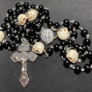 Memento Mori V2 black glass bead and stone skull rosary.