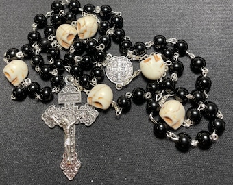 Memento Mori V2 black glass bead and stone skull rosary.