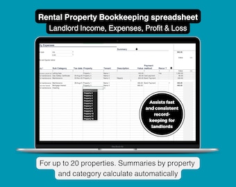 Landlord / Rental Property / Spare room Bookkeeping / Accounts spreadsheet (Excel template). Record income, expenses and profit with ease