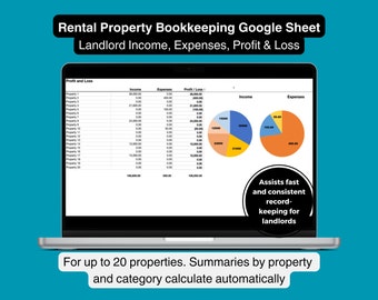 Landlord / Rental Property Bookkeeping / Accounts spreadsheet. Record your income, expenses and profit with ease. Google Sheets template