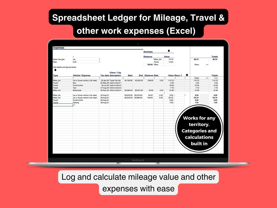 Expenses Spreadsheet Ledger for Freelance or Employees. Record Travel ...