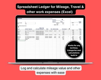 Expenses Spreadsheet Ledger for freelance or employees. Record travel, mileage and other expenses with ease (Excel)