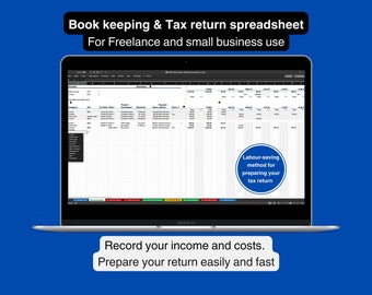 Bookkeeping Tax Return spreadsheet. Self-assessment tool for sole traders, freelancers, small business | Income & Expenses tracker