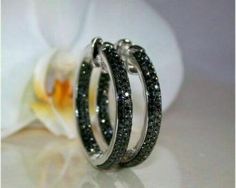 1.80Ct Round Cut Black Diamond Huggie Hoops Earrings Black Rhodium on Silver