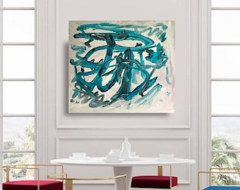 May include: An abstract painting with teal brushstrokes on a light background hangs above a white table. Four chairs with gold frames and velvet seats in red and blue surround the table. The room has large windows.