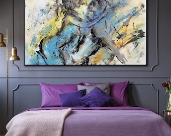 May include: Abstract painting of two figures in a dynamic pose, with a mix of blue, yellow, and white paint strokes on a canvas.