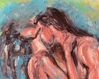 May include: An abstract painting of two figures embracing and kissing. The figures are painted in shades of pink and red, with a blue and green background.