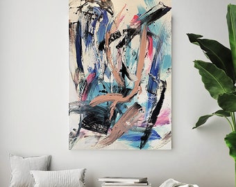 Abstract Painting, Original, Acrylic, Pink, Blue, White Colors, Canvas, Playful Expressionism, Modern Painting, Wall Art on Canvas